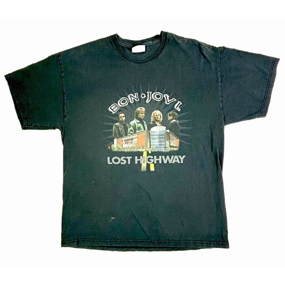 Vintage Bon Jovi Lost Highway Black Large‎ Music Band Short Sleeve VTG T-Shirt - Picture 1 of 5